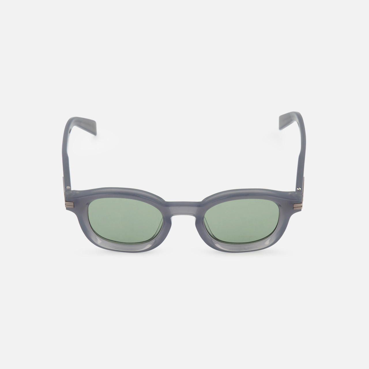 The ZEGNA Rounded Light Blue Sunglasses feature dark, rounded rectangular frames and smoke lenses, shown against a plain white background.