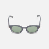 The ZEGNA Rounded Light Blue Sunglasses feature dark, rounded rectangular frames and smoke lenses, shown against a plain white background.