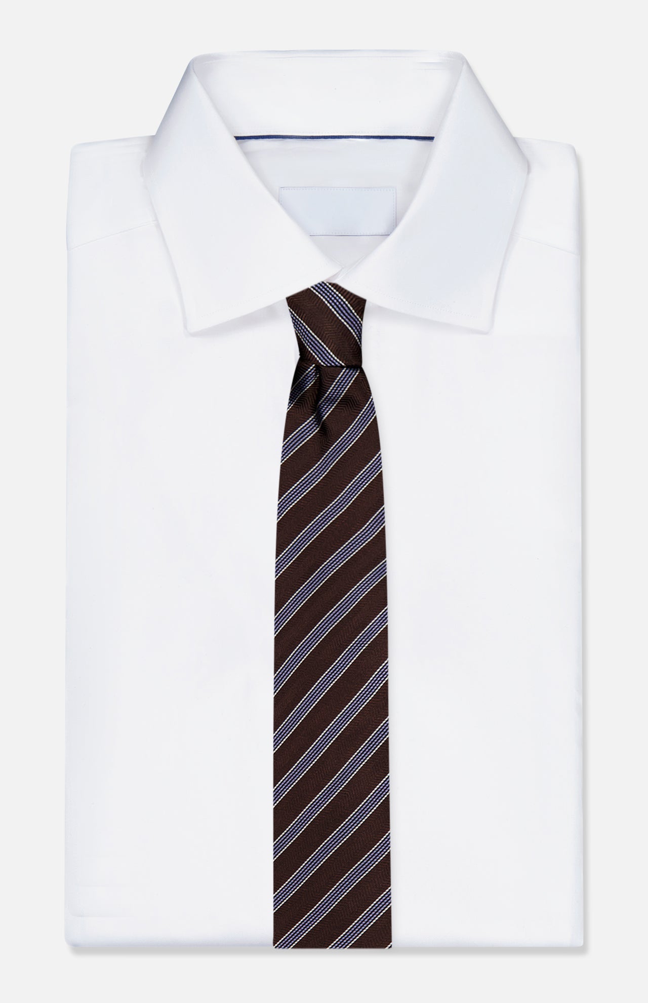 A white dress shirt with a pointed collar is paired with the ZEGNA Silk Jacquard Diagonal Stripes Neck Tie in blue and white, displayed on a plain white background.