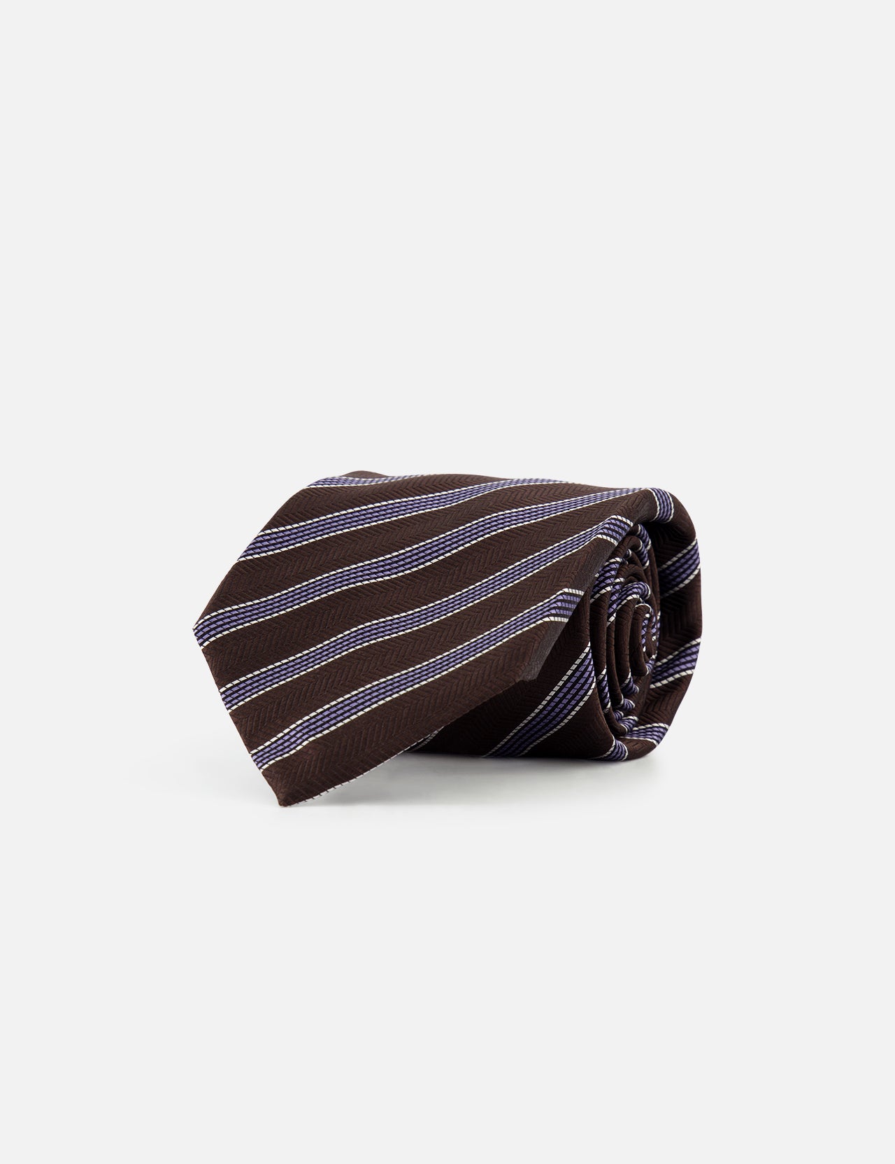 The ZEGNA Silk Jacquard Diagonal Stripes Neck Tie, featuring white and light blue stripes, is neatly rolled and displayed on a plain white background. Made in Italy.