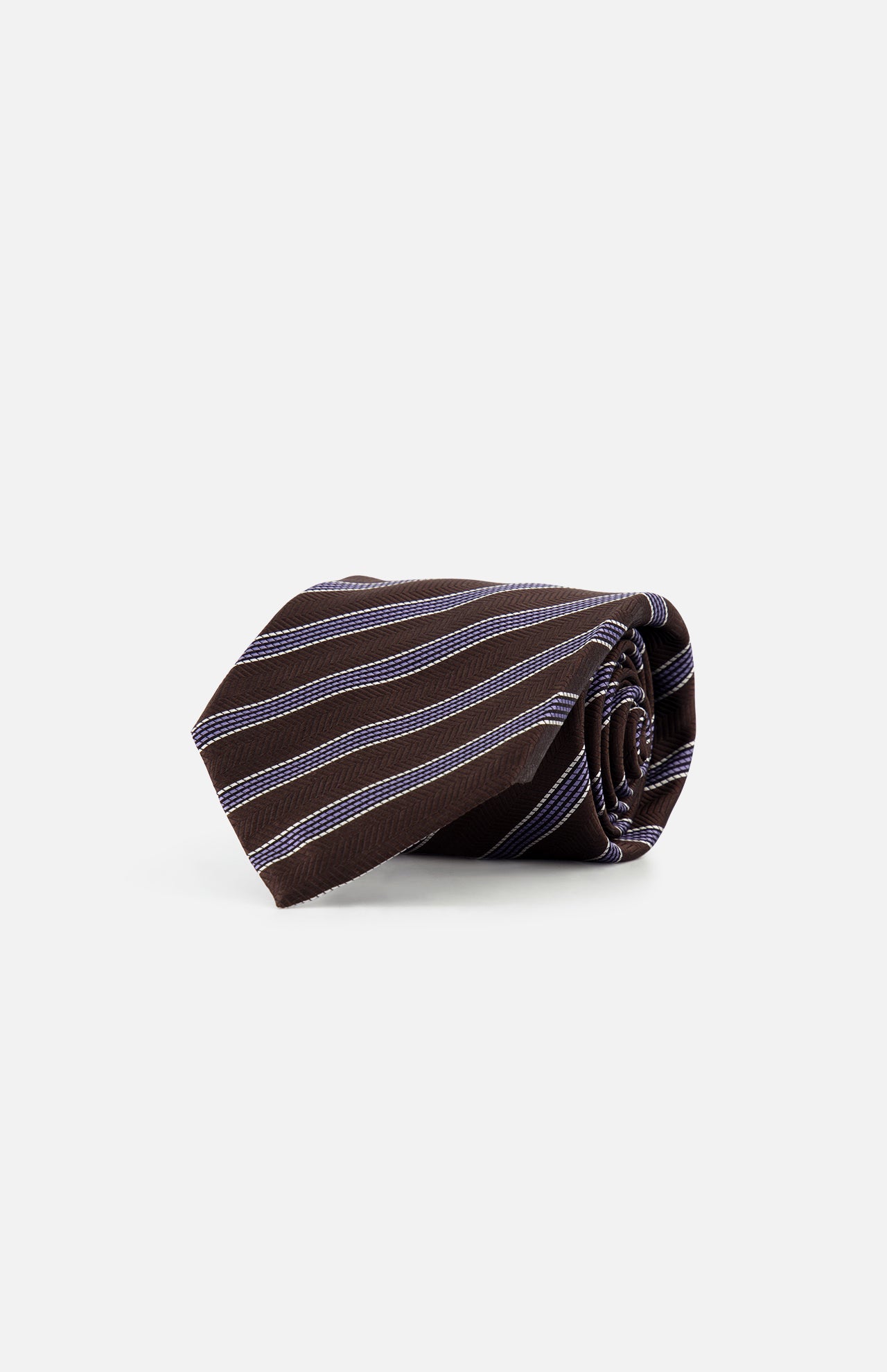 The ZEGNA Silk Jacquard Diagonal Stripes Neck Tie, featuring white and light blue stripes, is neatly rolled and displayed on a plain white background. Made in Italy.