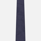 The ZEGNA Silk Jacquard Diagonal Stripes Neck Tie, made in Italy, features thin white stripes on navy silk and is displayed on a plain white background.