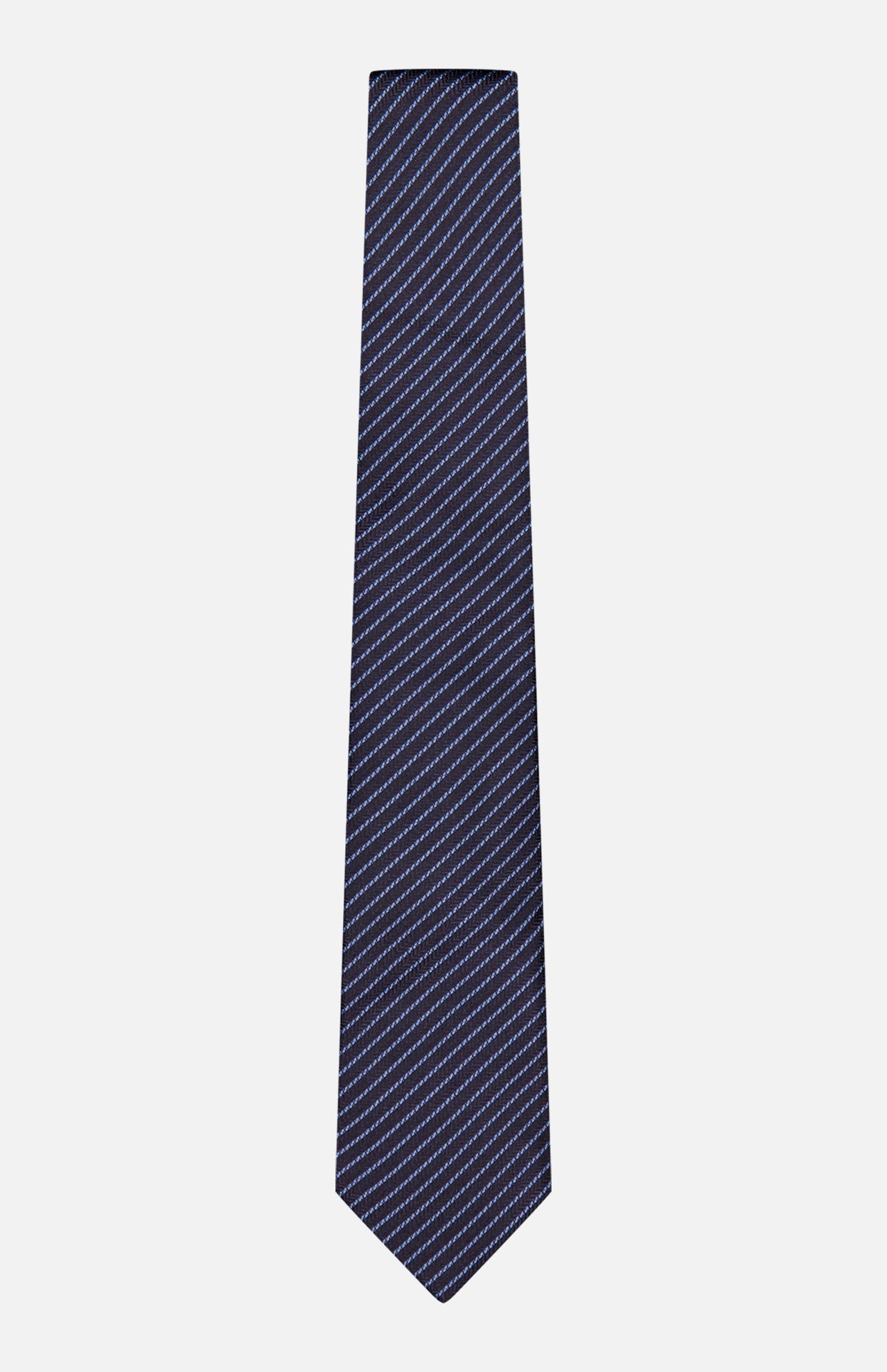 The ZEGNA Silk Jacquard Diagonal Stripes Neck Tie, made in Italy, features thin white stripes on navy silk and is displayed on a plain white background.