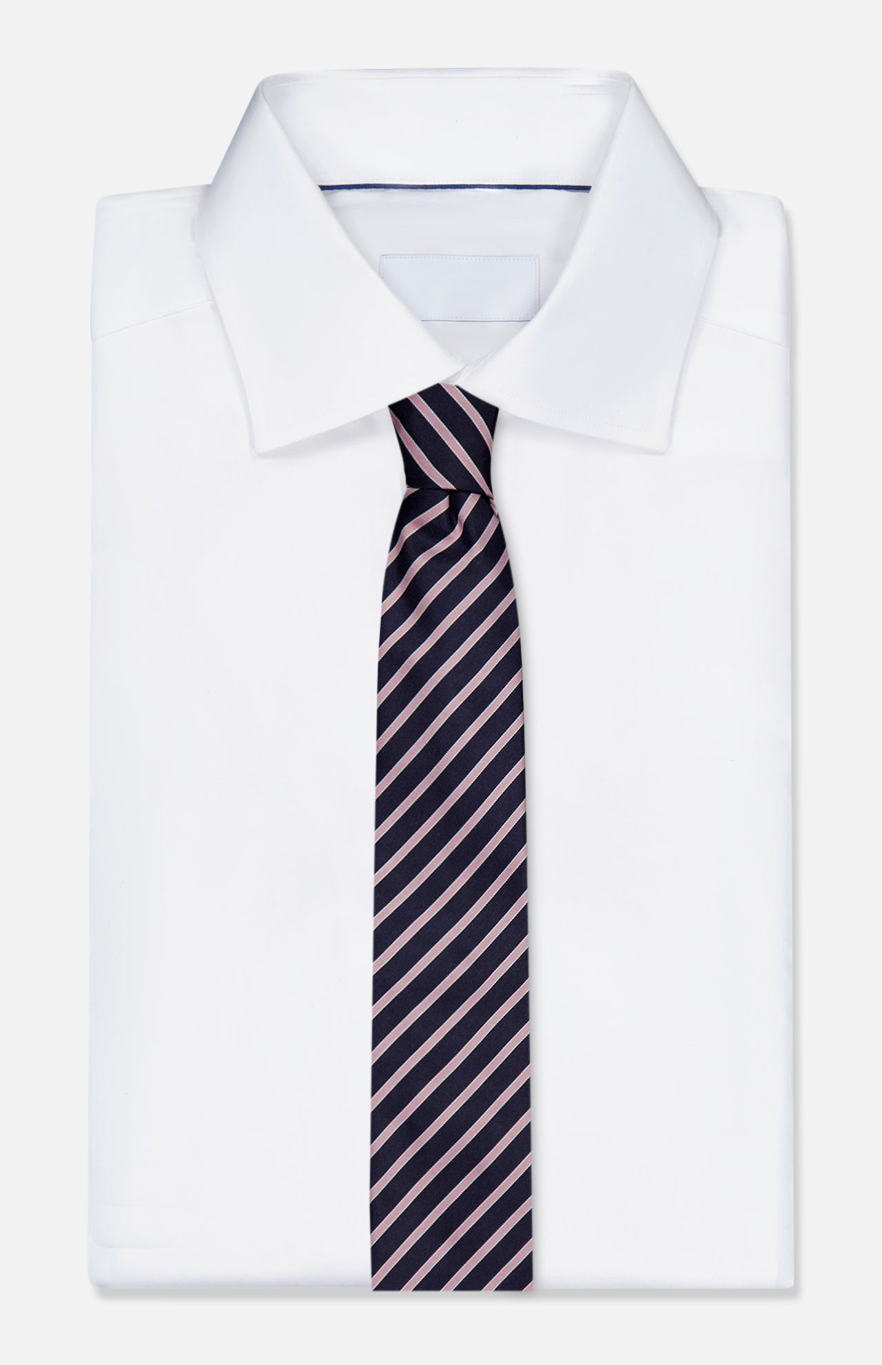 A neatly folded white dress shirt with a pointed collar is paired with the ZEGNA Silk Jacquard Diagonal Stripes Neck Tie, in navy and purple, made in Italy and displayed on a plain white background.