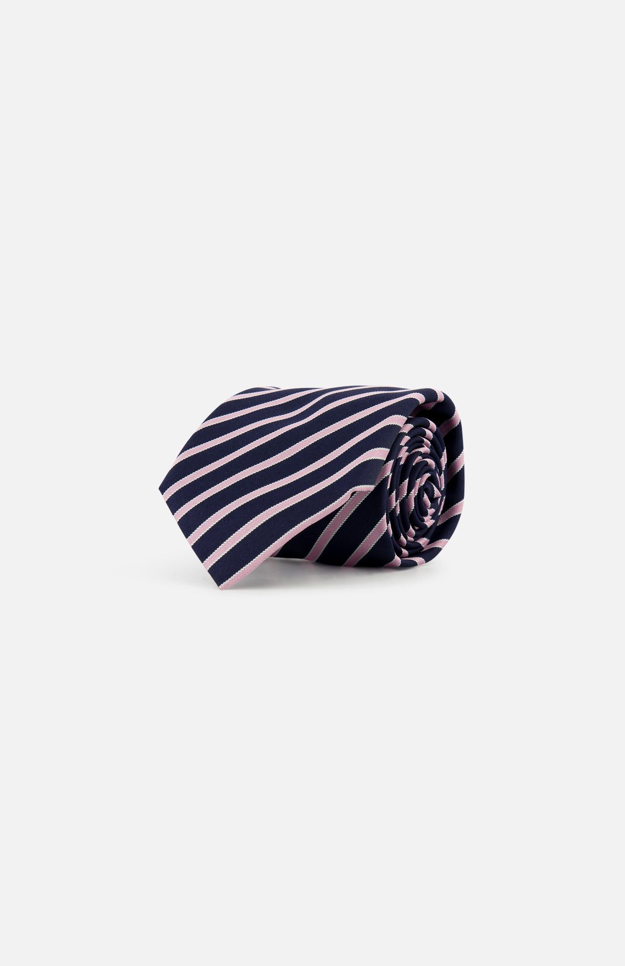 The ZEGNA Silk Jacquard Diagonal Stripes Neck Tie, made in Italy, features navy blue and light pink stripes and is shown rolled up on a white background.