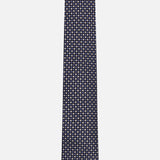 The ZEGNA Silk Jacquard Tie is crafted in Italy in a navy blue hue, and showcases a repeating pattern of small white and light pink geometric shapes against its lustrous silk surface.