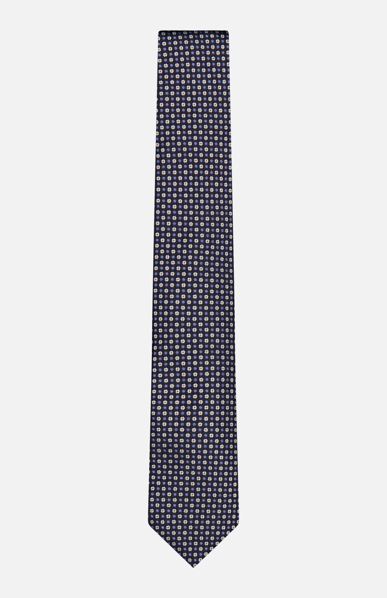 The ZEGNA Silk Jacquard Tie is crafted in Italy in a navy blue hue, and showcases a repeating pattern of small white and light pink geometric shapes against its lustrous silk surface.