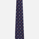 The ZEGNA Silk Jacquard Tie, crafted in Italy, is showcased on a plain white background and features a dark blue design adorned with small brown and white paisley patterns.