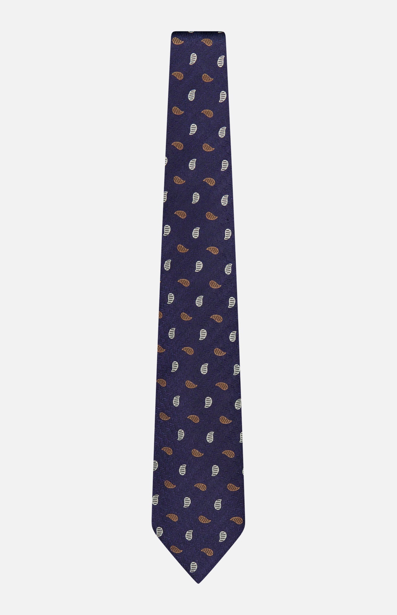 The ZEGNA Silk Jacquard Tie, crafted in Italy, is showcased on a plain white background and features a dark blue design adorned with small brown and white paisley patterns.