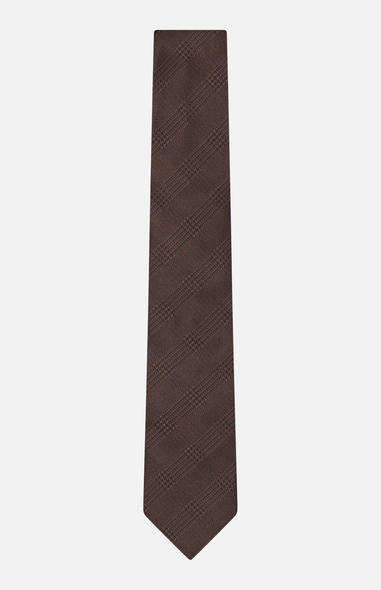 The ZEGNA Silk Jacquard Tie, featuring a subtle plaid pattern in dark brown silk and crafted in Italy, is displayed against a plain white background.