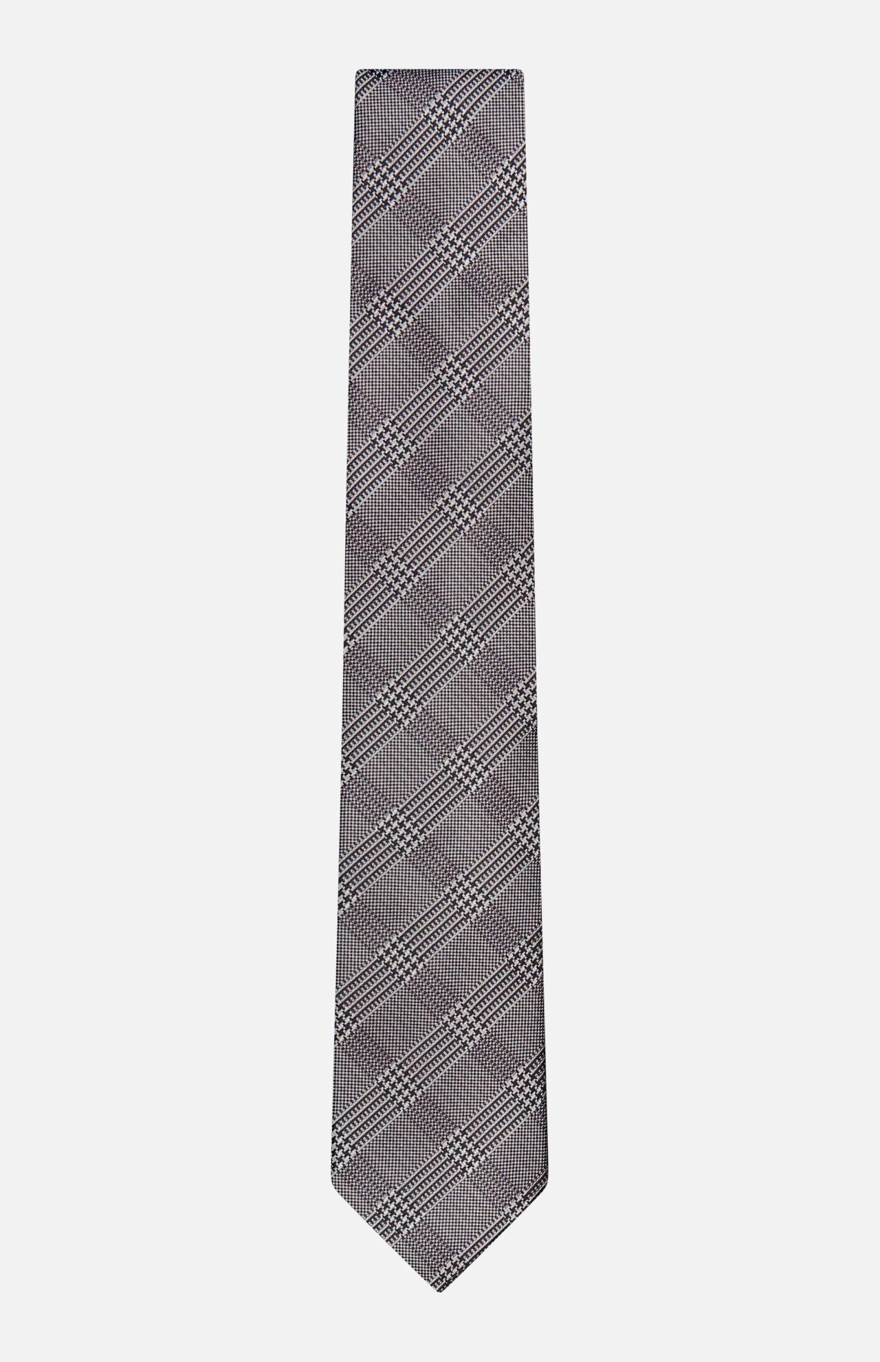 A ZEGNA Silk Jacquard Tie featuring a gray plaid design with a subtle crisscross pattern, expertly crafted in Italy from luxurious silk, displayed on a plain white background.