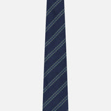 The ZEGNA Silk Jacquard Tie, featuring diagonal light green and light blue stripes on a navy background, is crafted in Italy and presented against a plain white backdrop.