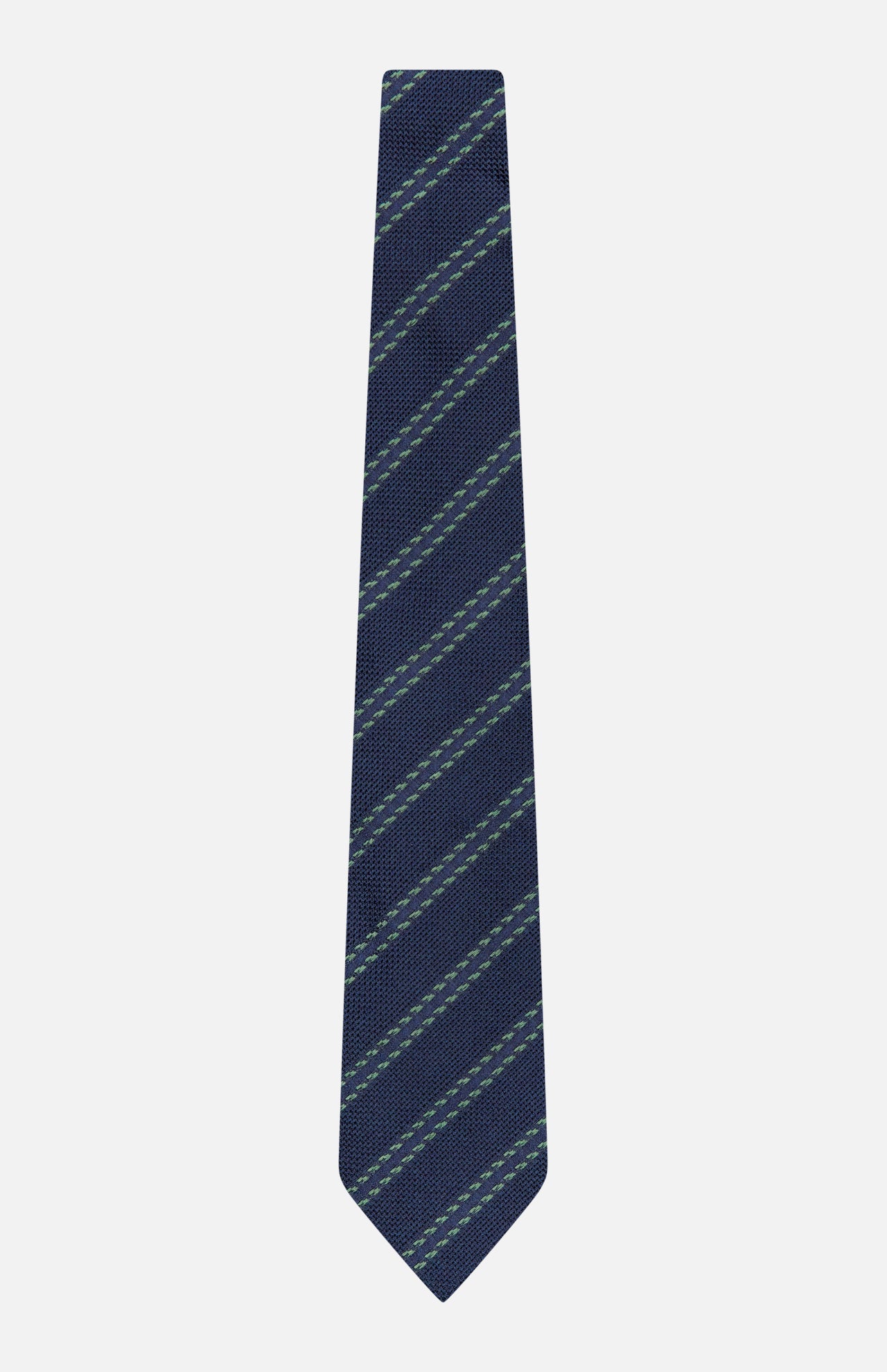 The ZEGNA Silk Jacquard Tie, featuring diagonal light green and light blue stripes on a navy background, is crafted in Italy and presented against a plain white backdrop.