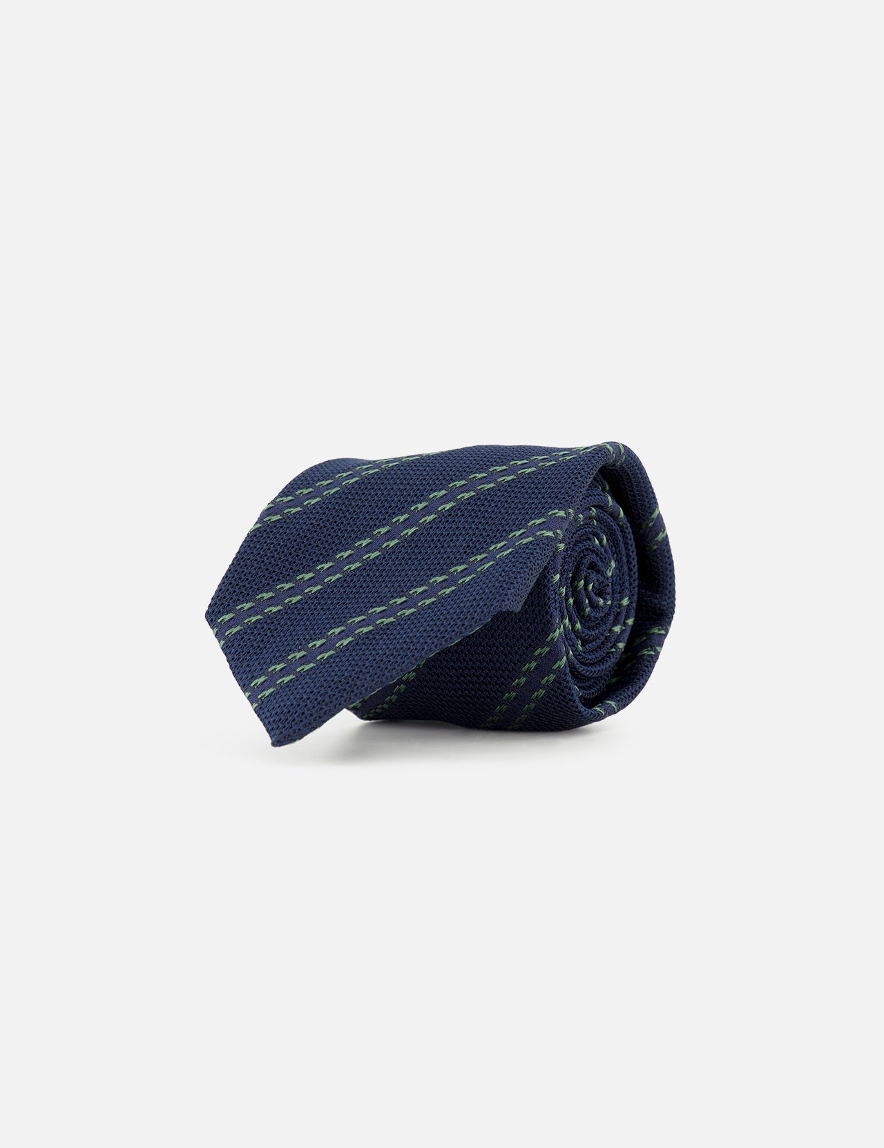 A ZEGNA Silk Jacquard Tie, crafted in Italy, features a navy base with diagonal green stripes and is shown rolled up against a plain white background.