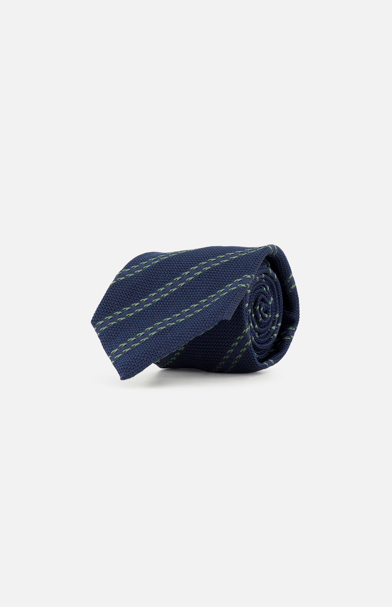 A ZEGNA Silk Jacquard Tie, crafted in Italy, features a navy base with diagonal green stripes and is shown rolled up against a plain white background.