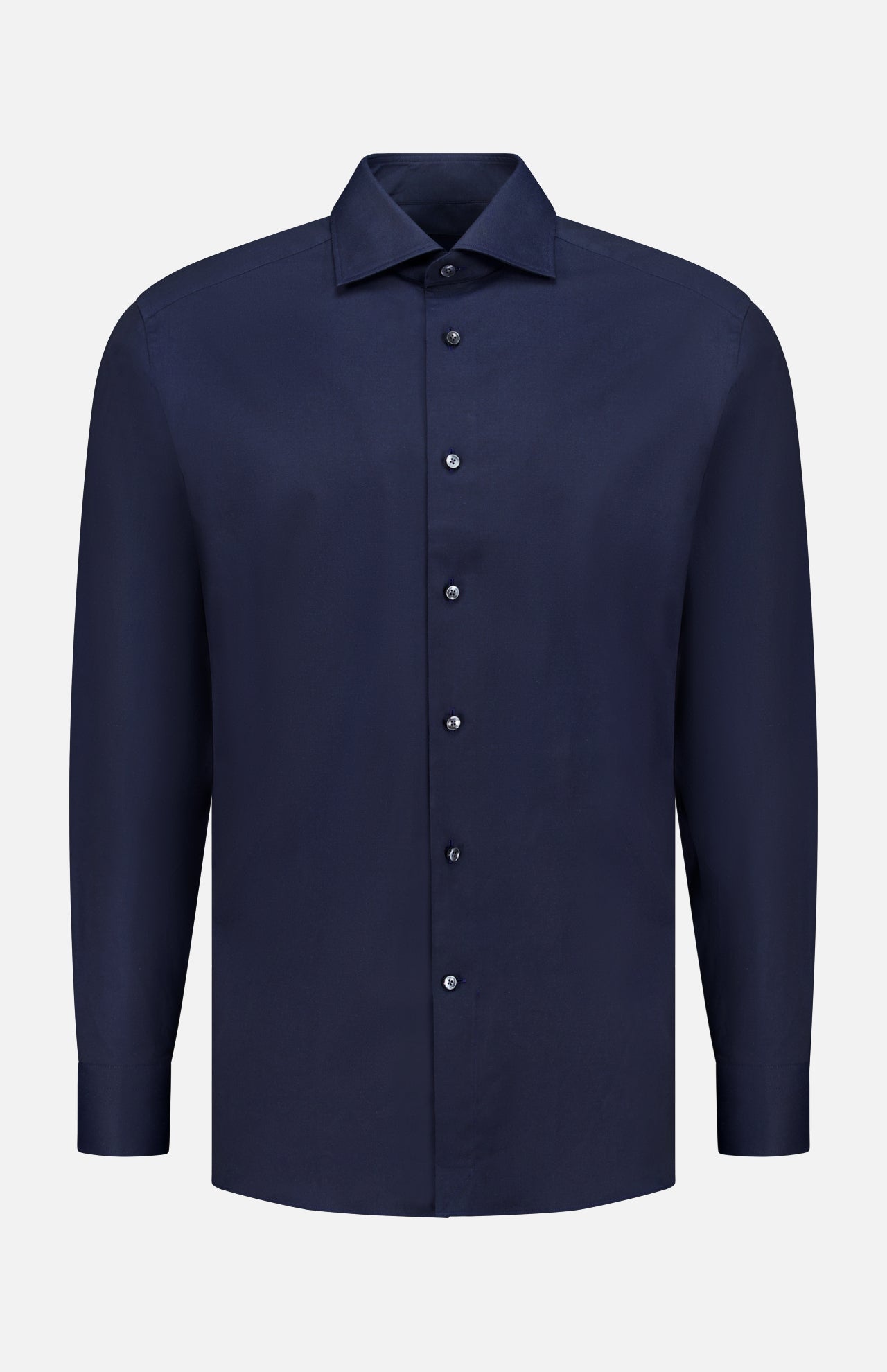 The ZEGNA Stretch Cotton Dress Shirt is a classic, long-sleeve, button-up in solid navy with a pointed collar—an essential for any professional wardrobe. Shown on a plain white background.