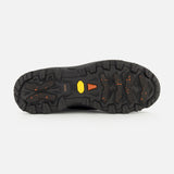 The image shows the black rubber sole of the ZEGNA Triple Stitch Low Top Sneaker, a black hiking-inspired shoe with deep treads and orange and yellow accents, designed for enhanced grip and traction.