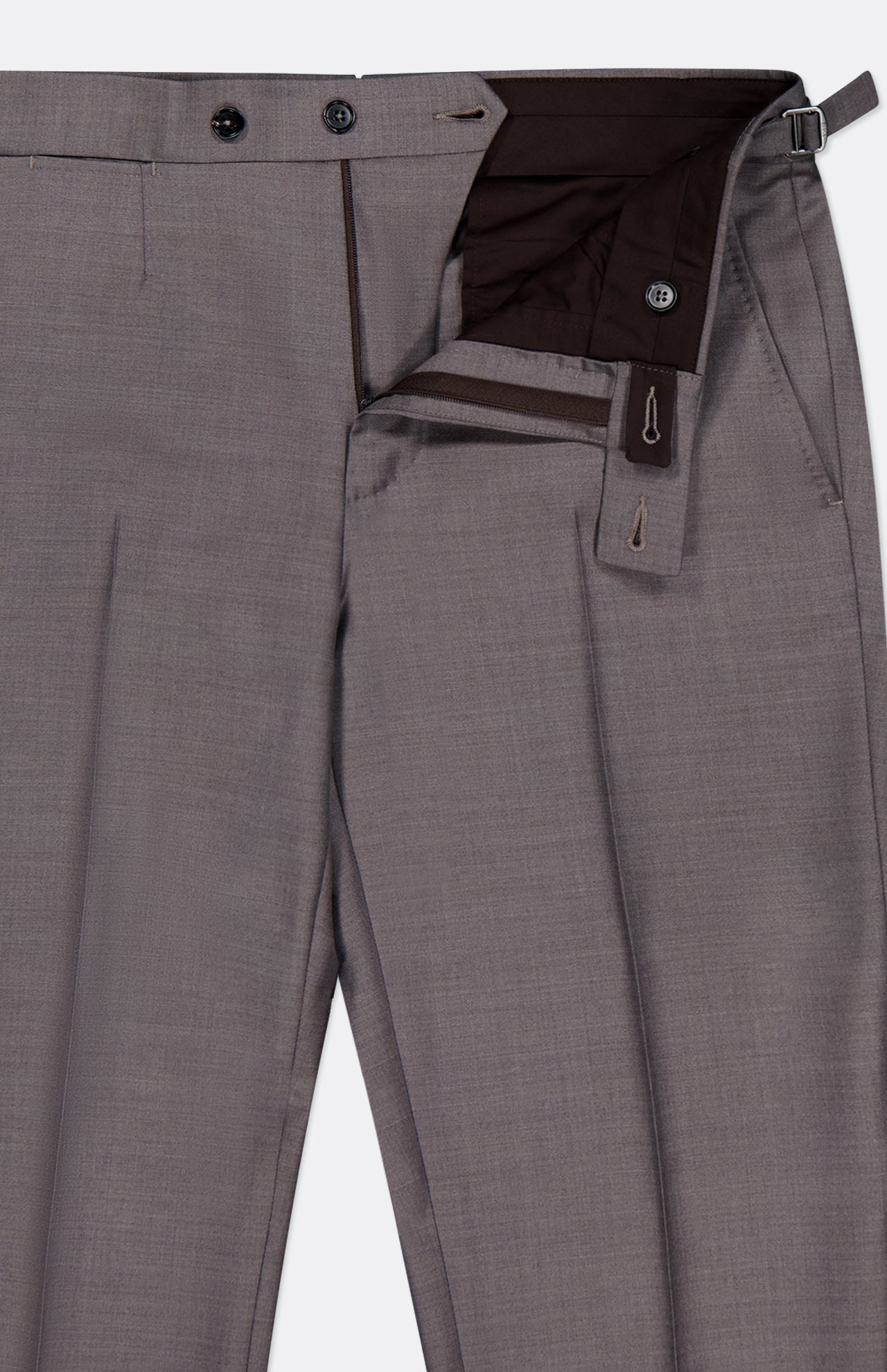 ZEGNA Trofeo Wool Adjustable Tab Pants are crafted from premium Australian merino wool and feature a partially open waistband, button and hook closure, inner lining, and pockets—perfect for formal or business occasions.
