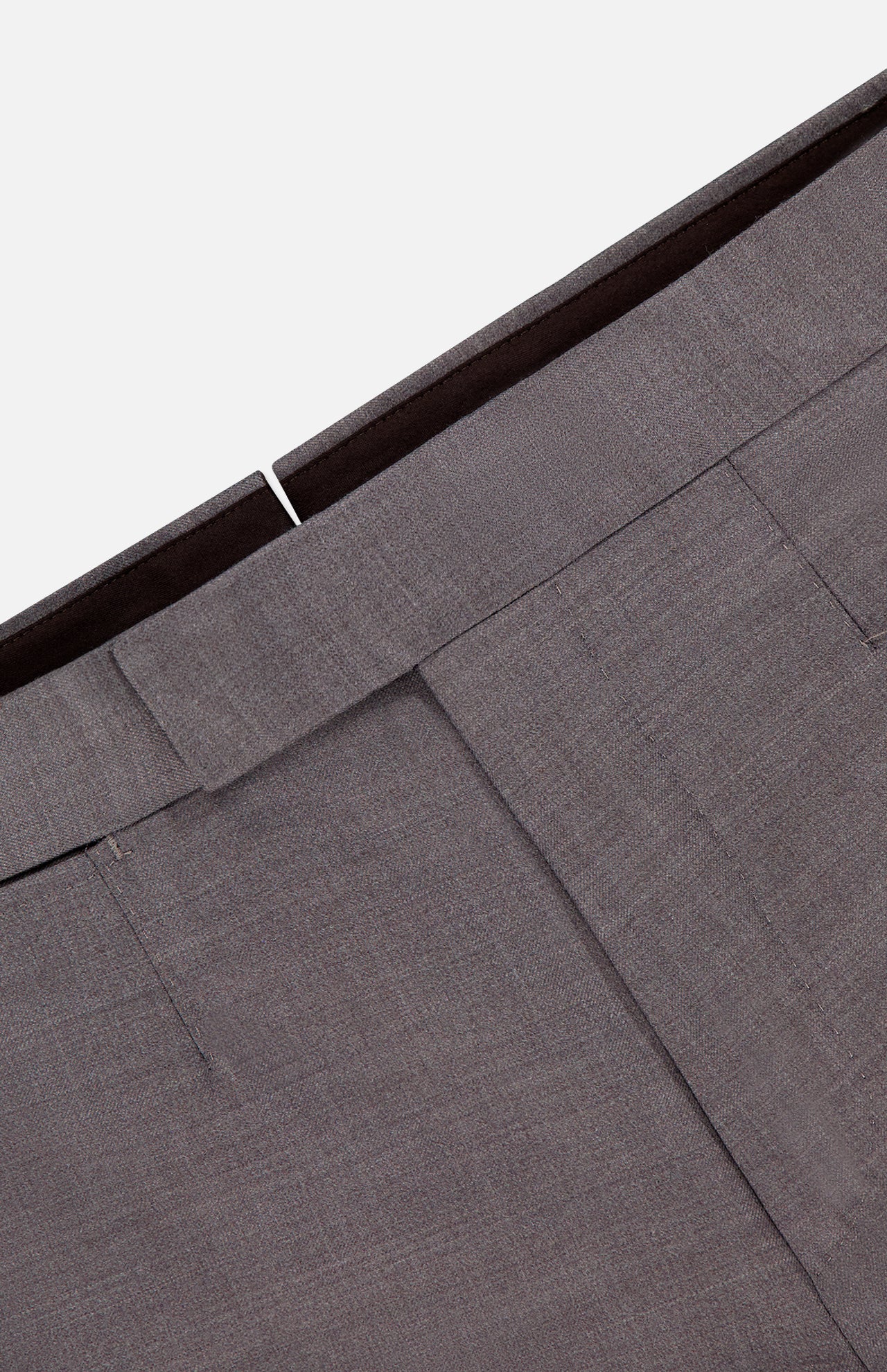 Close-up of the waistband and upper section of ZEGNA Trofeo Wool Adjustable Tab Pants in gray, featuring belt loops, detailed stitching, and pocket seams against a white background.