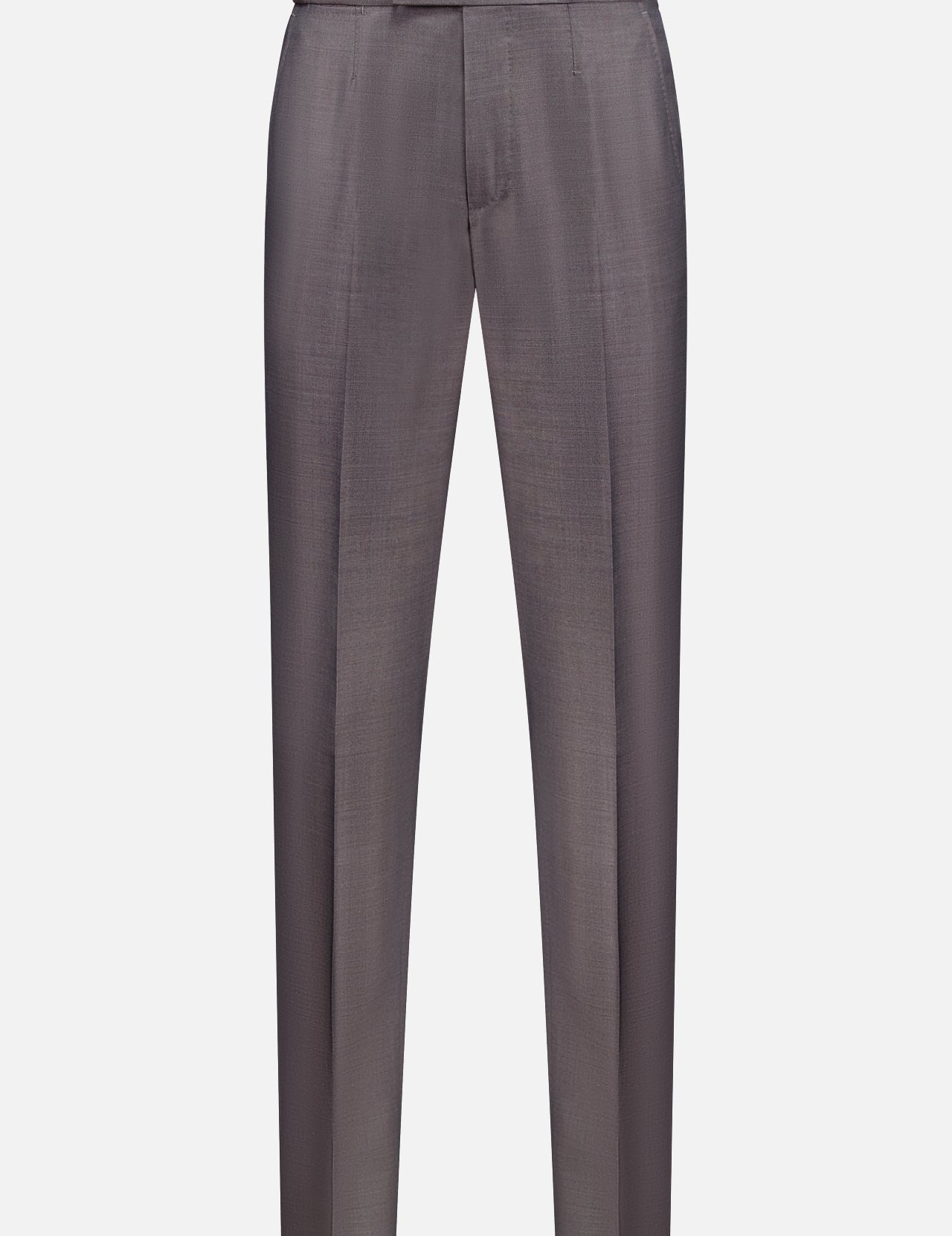 The ZEGNA Trofeo Wool Adjustable Tab Pants feature a tailored slim fit, gray hue, front crease, and hidden belt loops, shown on a white background.