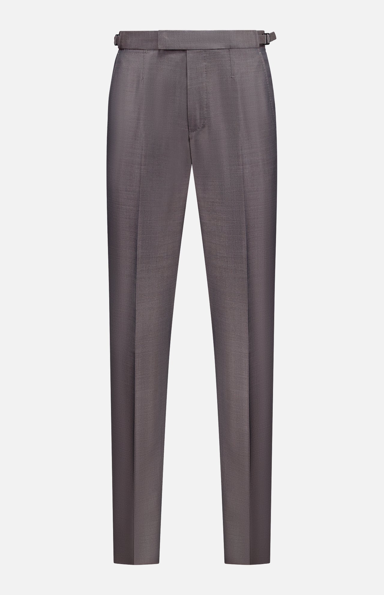 The ZEGNA Trofeo Wool Adjustable Tab Pants feature a tailored slim fit, gray hue, front crease, and hidden belt loops, shown on a white background.