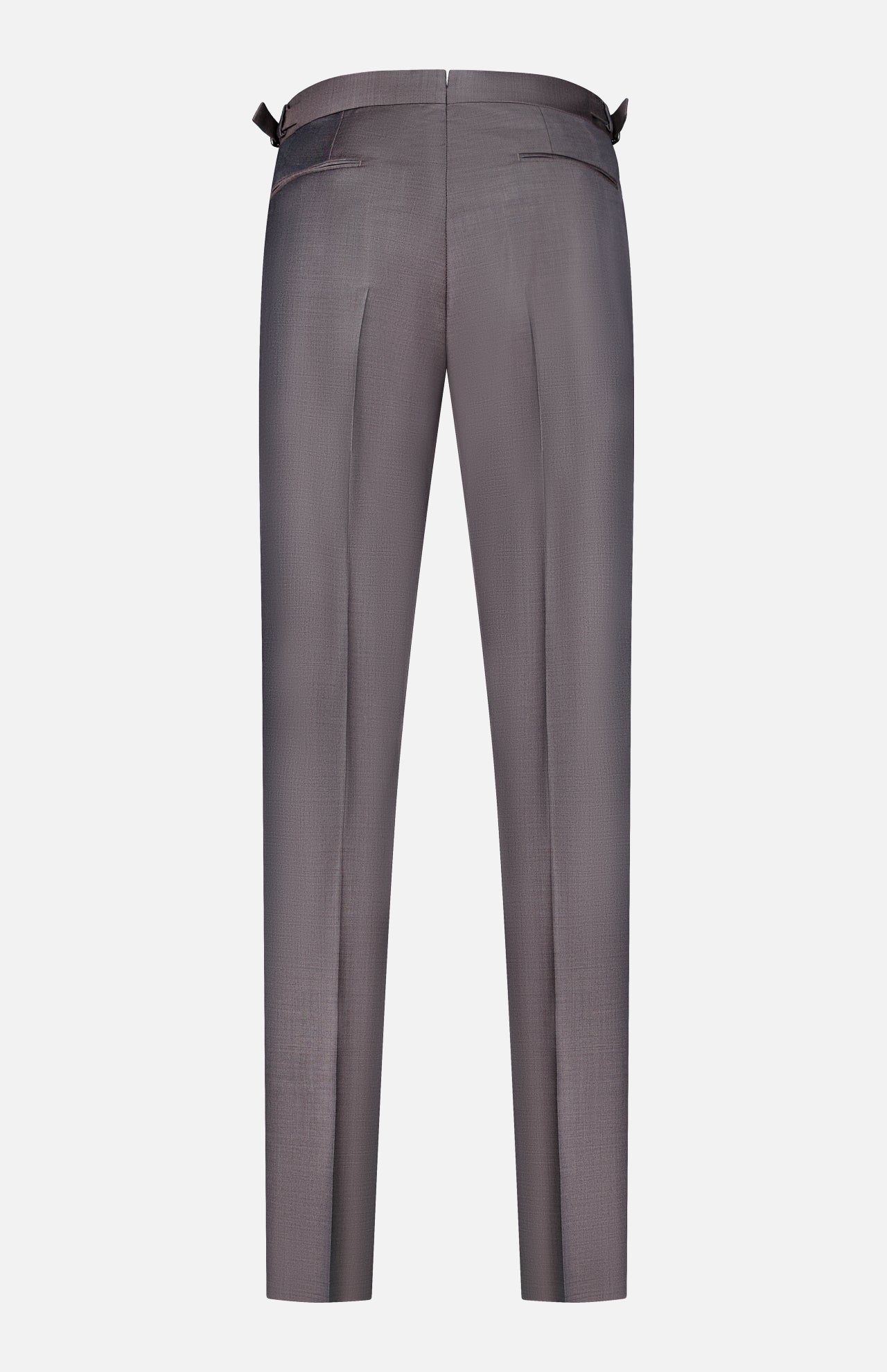 Back view of ZEGNA Trofeo Wool Adjustable Tab Pants in tailored gray, showing adjustable side tabs, welt back pockets, and pressed leg creases, displayed against a plain white background.