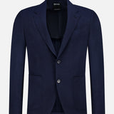 The ZEGNA Trofeo Seersucker Suit Jacket is a dark navy men's blazer featuring notch lapels, two front buttons, and two patch pockets—an essential for any professional wardrobe, shown on a plain white background.
