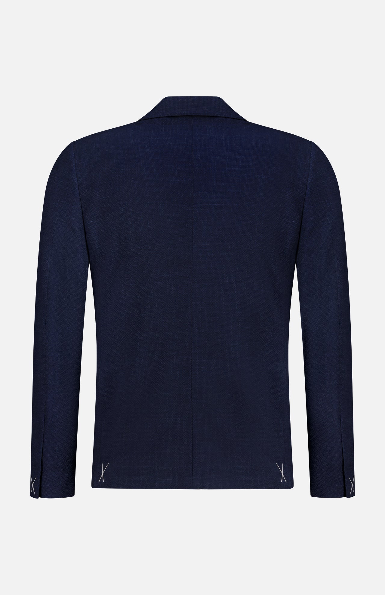 The Trofeo Seersucker Suit Jacket by ZEGNA is shown from the back against a white background, featuring a classic collar, long sleeves, and subtle stitching near the hem and cuffs—perfect for any men's professional wardrobe.