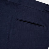 Close-up of the ZEGNA Trofeo Seersucker Suit Trouser Pant in dark blue, showing the back pocket area with a single welt pocket and part of the waistband against a white background.