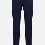 The Trofeo Seersucker Suit Trouser Pant by ZEGNA features a slim fit, flat front, and adjustable side tabs for a custom fit, shown in navy blue against a plain white background.