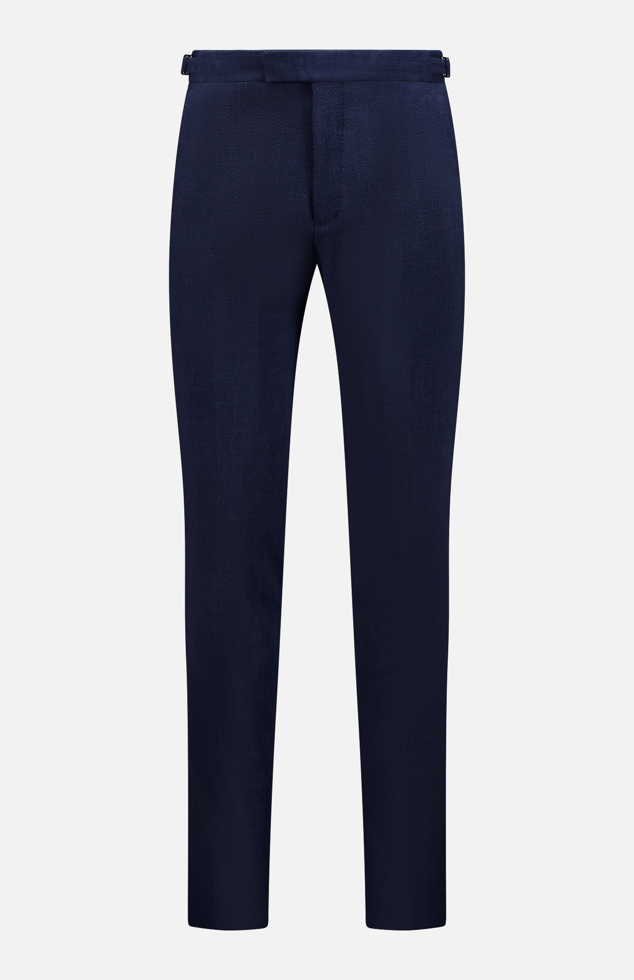 The Trofeo Seersucker Suit Trouser Pant by ZEGNA features a slim fit, flat front, and adjustable side tabs for a custom fit, shown in navy blue against a plain white background.