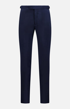 The Trofeo Seersucker Suit Trouser Pant by ZEGNA features a slim fit, flat front, and adjustable side tabs for a custom fit, shown in navy blue against a plain white background.