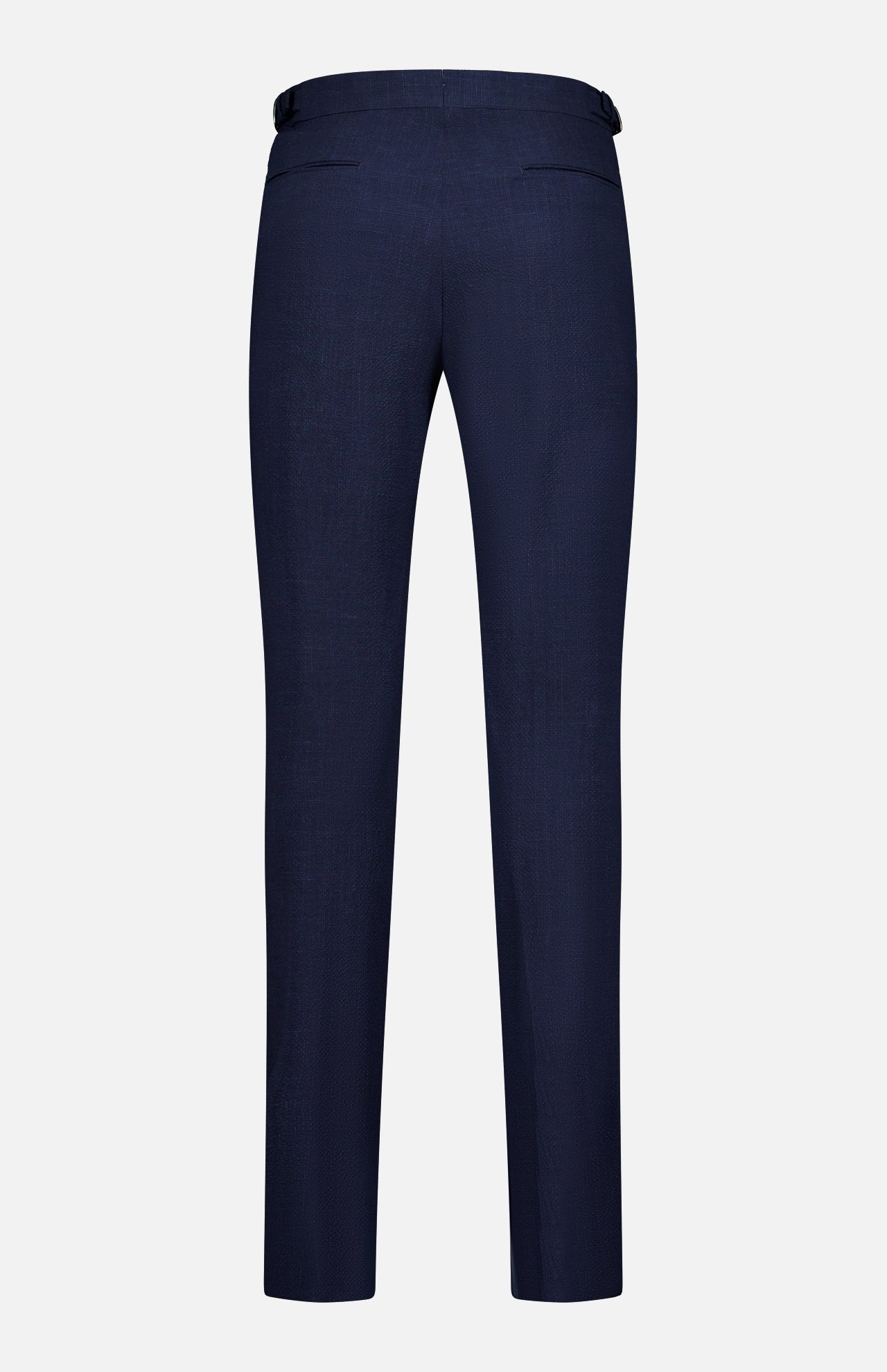The ZEGNA Trofeo Seersucker Suit Trouser Pant is shown from the back in dark blue, featuring two slit pockets, a straight-leg fit, and adjustable side tabs against a plain white background.