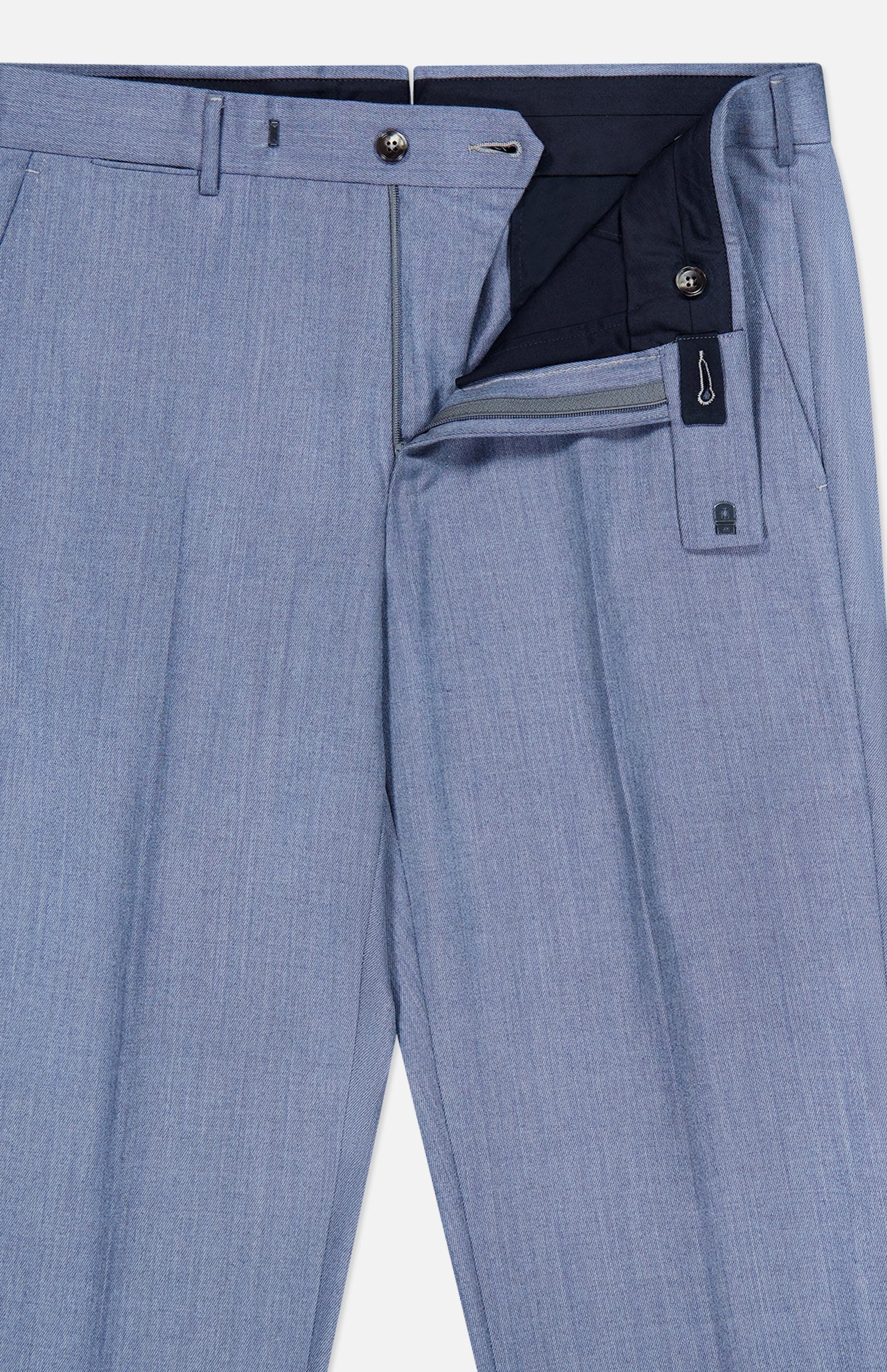 The Trofeo Selection Trousers Pants by ZEGNA are shown in light blue from the waist down, featuring an open waistband that reveals the zipper, button, and inner lining details. Expertly crafted from luxurious ZEGNA wool with a subtle texture, these slim-fit trousers include visible belt loops for added refinement.