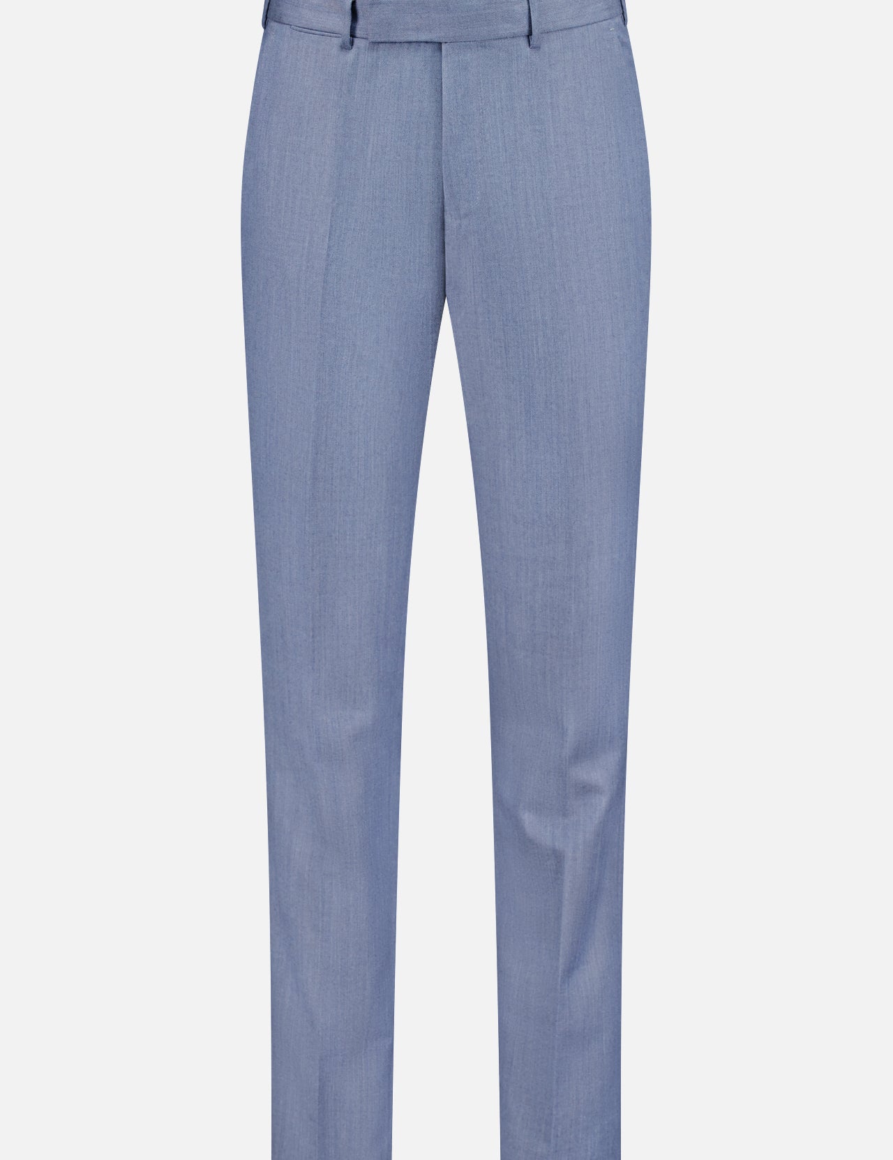 The ZEGNA Trofeo Selection Trousers Pants are showcased against a plain white background, crafted in luxurious light blue wool with belt loops, a front button and zipper closure, and a slim fit design.