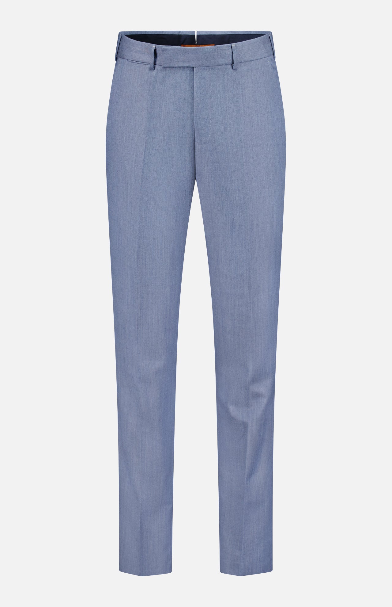 The ZEGNA Trofeo Selection Trousers Pants are showcased against a plain white background, crafted in luxurious light blue wool with belt loops, a front button and zipper closure, and a slim fit design.