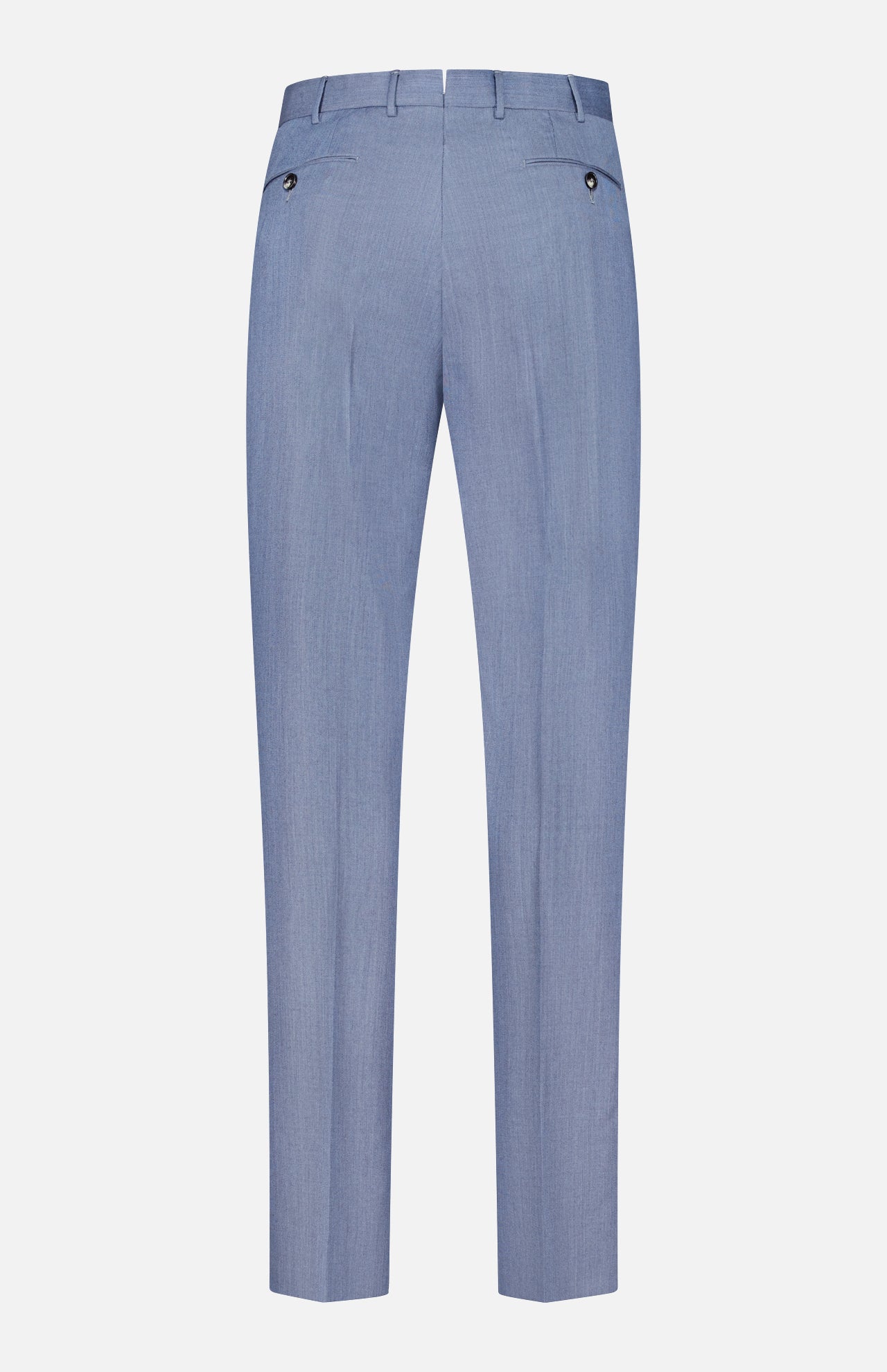The ZEGNA Trofeo Selection Trousers Pants are featured in a light blue shade, showcased from the back with belt loops and two buttoned back pockets. Designed with a tailored slim fit, the smooth, subtly lustrous fabric delivers a sophisticated look suitable for any occasion.