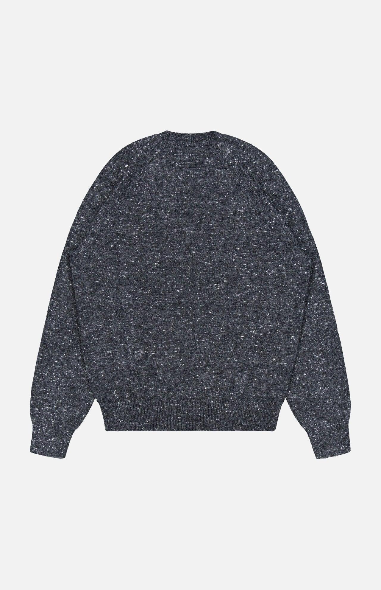 The ZEGNA Wool & Cashmere Blend Crewneck Sweater is displayed laid flat on a white background, highlighting its back view with long sleeves and ribbed hem, cuffs, and neckline. Crafted from a soft dark grey speckled knit, this men’s pullover combines warmth with refined style.
