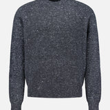 The ZEGNA Wool & Cashmere Blend Crewneck Sweater is a men’s pullover in dark gray speckled knit, featuring long sleeves and a classic crew neckline. Displayed against a plain white background, this simple yet refined design is crafted from a luxurious wool-cashmere blend and finished with ribbed cuffs, hem, and collar.