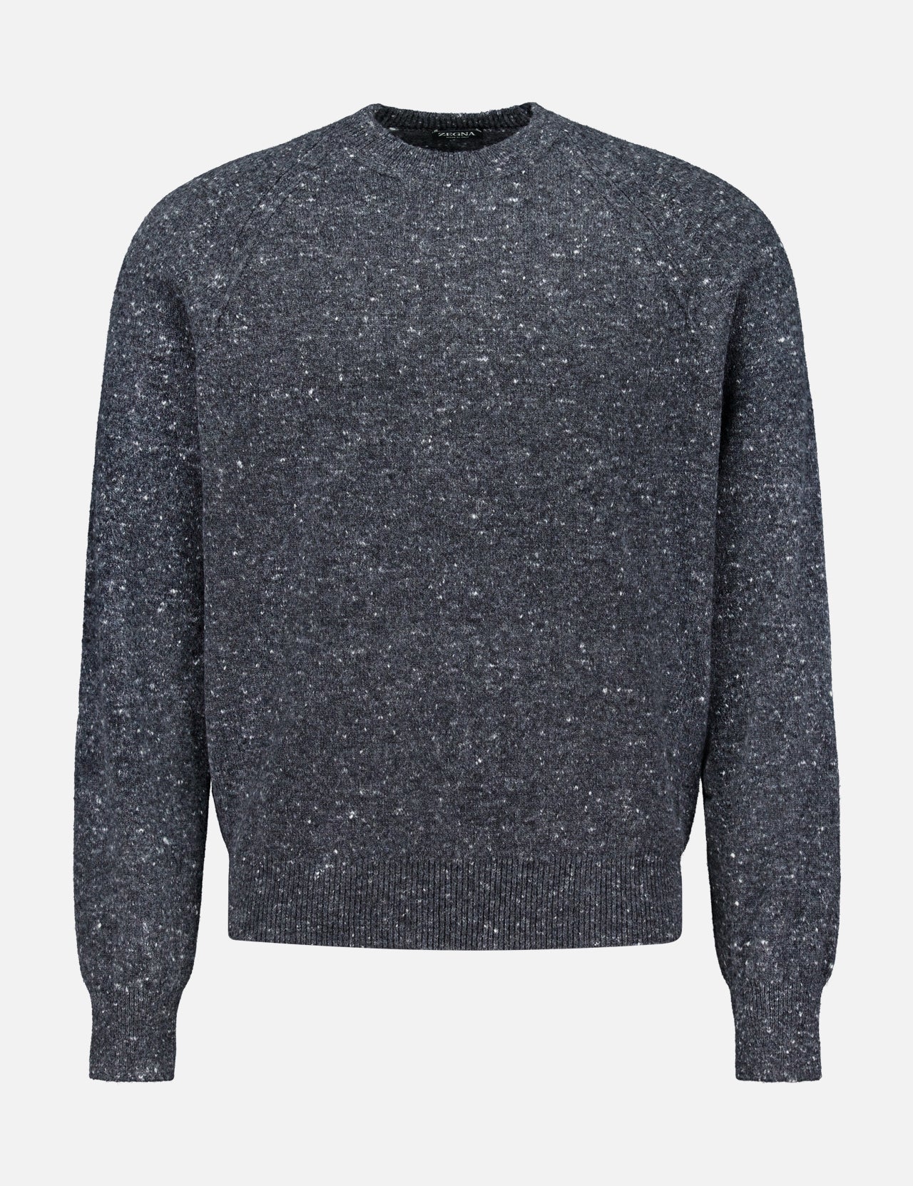 The ZEGNA Wool & Cashmere Blend Crewneck Sweater is a men’s pullover in dark gray speckled knit, featuring long sleeves and a classic crew neckline. Displayed against a plain white background, this simple yet refined design is crafted from a luxurious wool-cashmere blend and finished with ribbed cuffs, hem, and collar.
