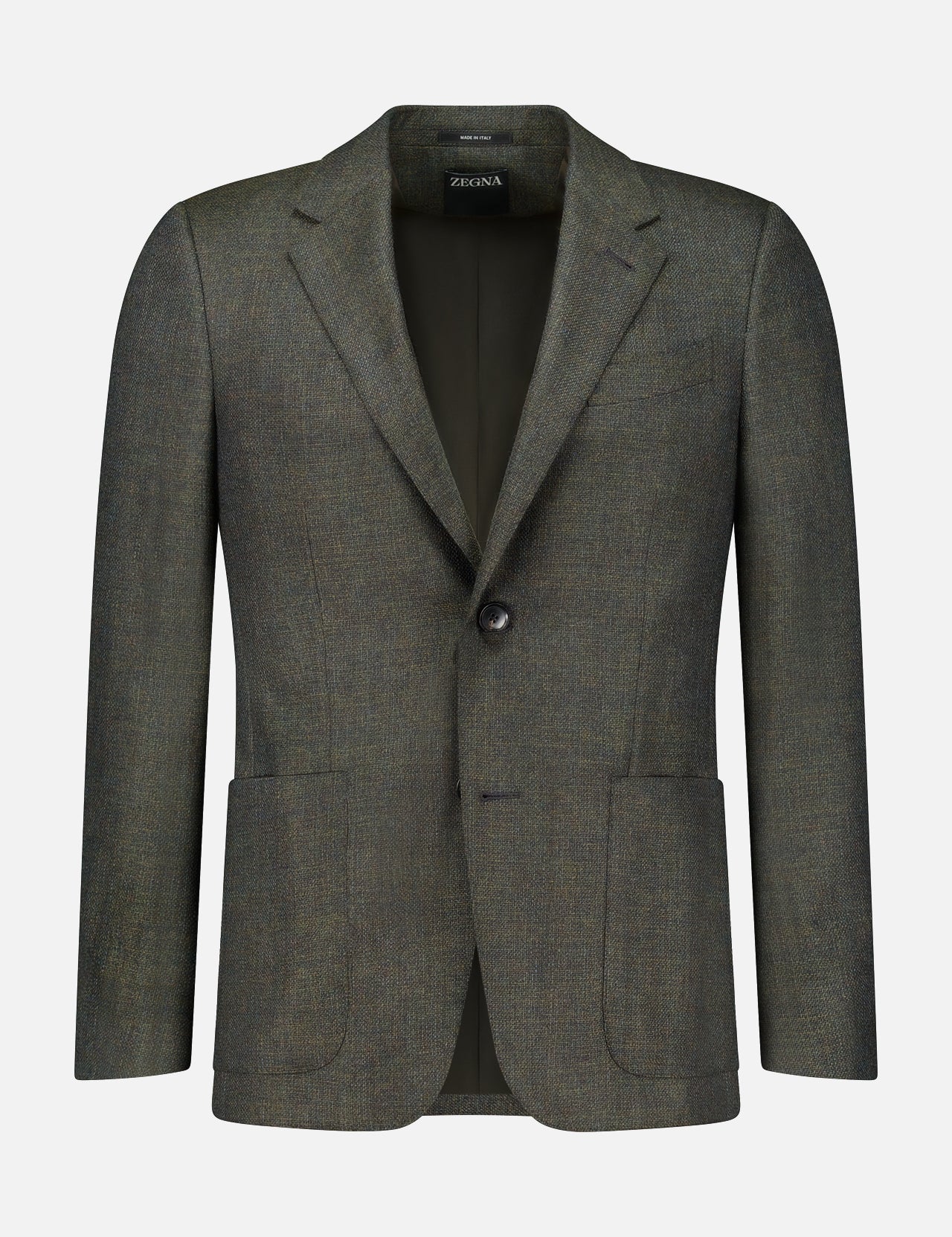 ZEGNA Wool & Cashmere Sportcoat in textured olive green wool and cashmere blend, featuring notched lapels and two patch pockets.