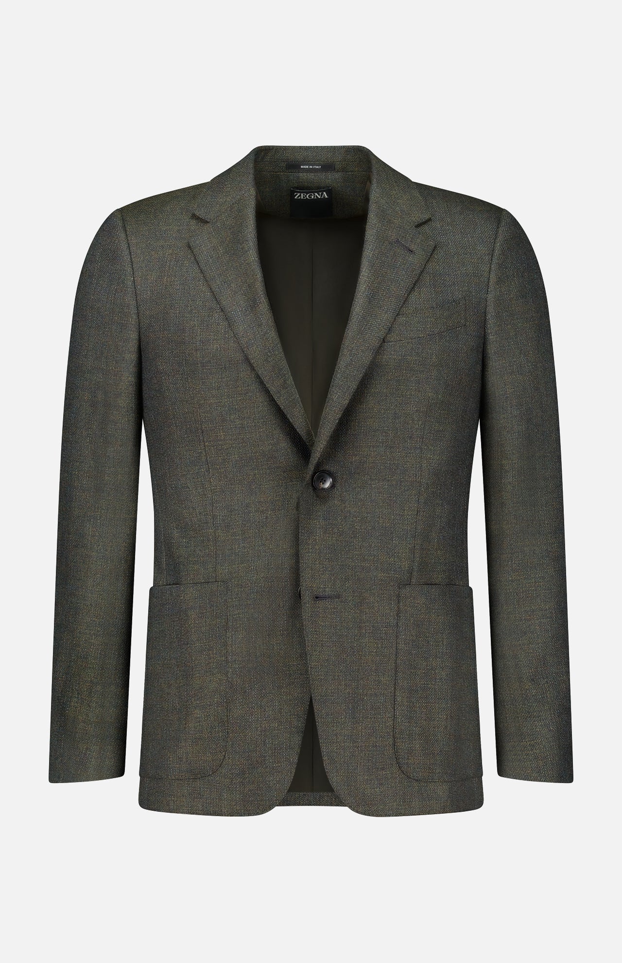 ZEGNA Wool & Cashmere Sportcoat in textured olive green wool and cashmere blend, featuring notched lapels and two patch pockets.