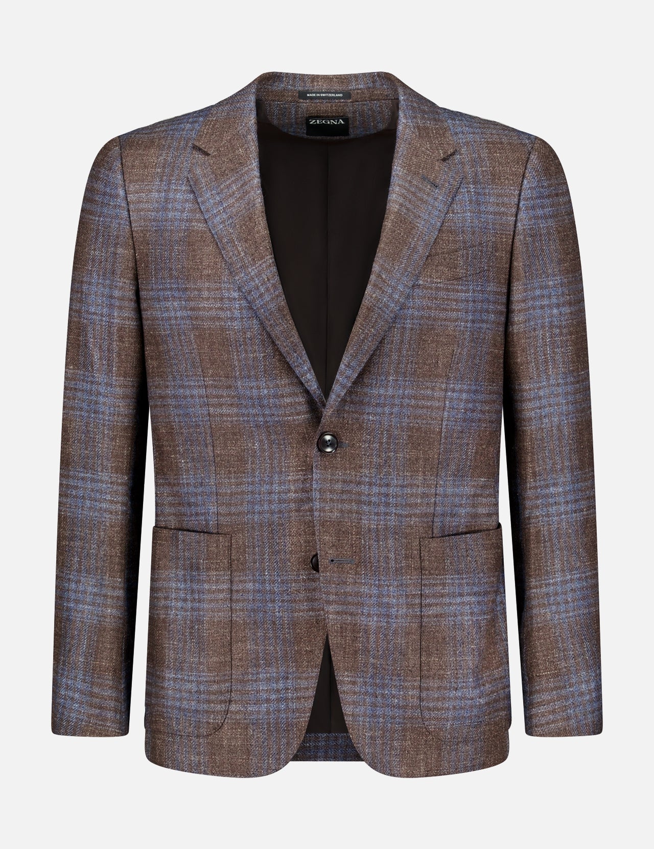 ZEGNA Wool Silk Linen Sportcoat in brown with a blue plaid pattern, crafted from a luxurious blend of wool, silk, and linen. Features include two buttons, notched lapels, two front flap pockets, and a chest pocket. Displayed against a plain white background.