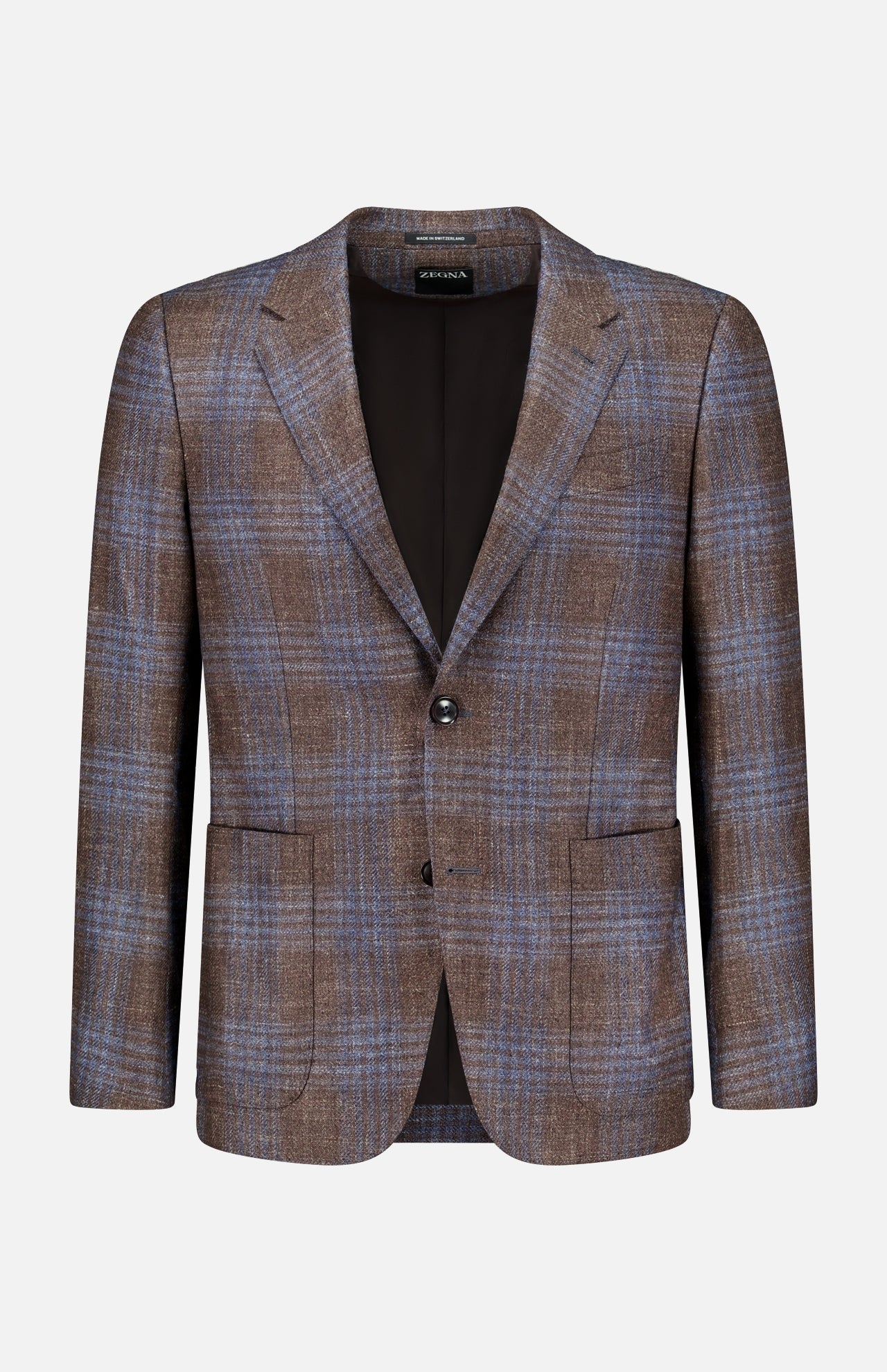 ZEGNA Wool Silk Linen Sportcoat in brown with a blue plaid pattern, crafted from a luxurious blend of wool, silk, and linen. Features include two buttons, notched lapels, two front flap pockets, and a chest pocket. Displayed against a plain white background.