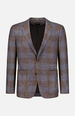 ZEGNA Wool Silk Linen Sportcoat in brown with a blue plaid pattern, crafted from a luxurious blend of wool, silk, and linen. Features include two buttons, notched lapels, two front flap pockets, and a chest pocket. Displayed against a plain white background.