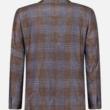 The ZEGNA Wool Silk Linen Sportcoat is displayed from the back against a plain white background. This brown plaid blazer with blue checks features long sleeves, a straight hem, and is crafted from a luxurious wool silk linen blend, offering enhanced texture and sophistication.