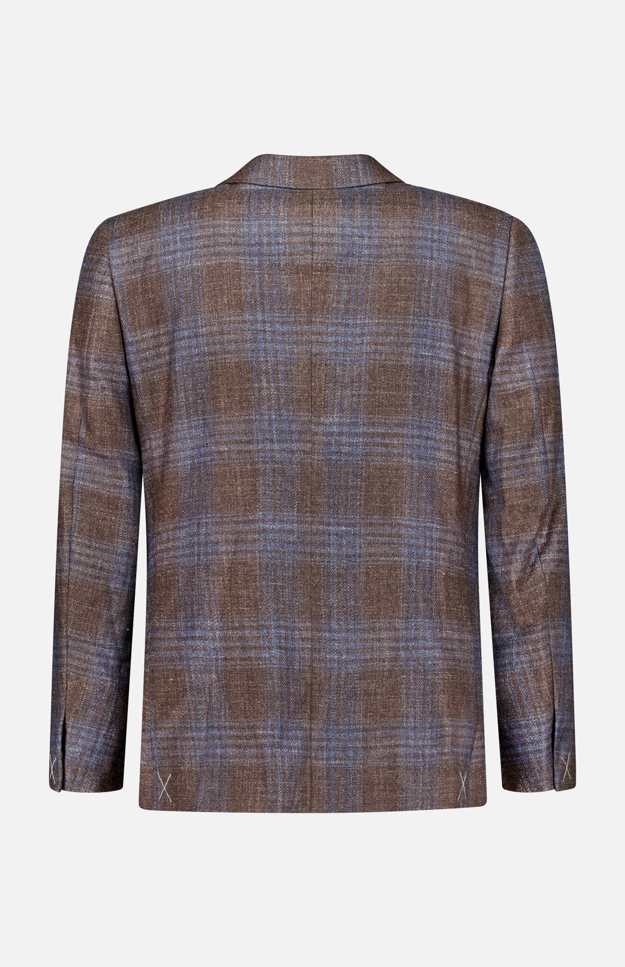 The ZEGNA Wool Silk Linen Sportcoat is displayed from the back against a plain white background. This brown plaid blazer with blue checks features long sleeves, a straight hem, and is crafted from a luxurious wool silk linen blend, offering enhanced texture and sophistication.
