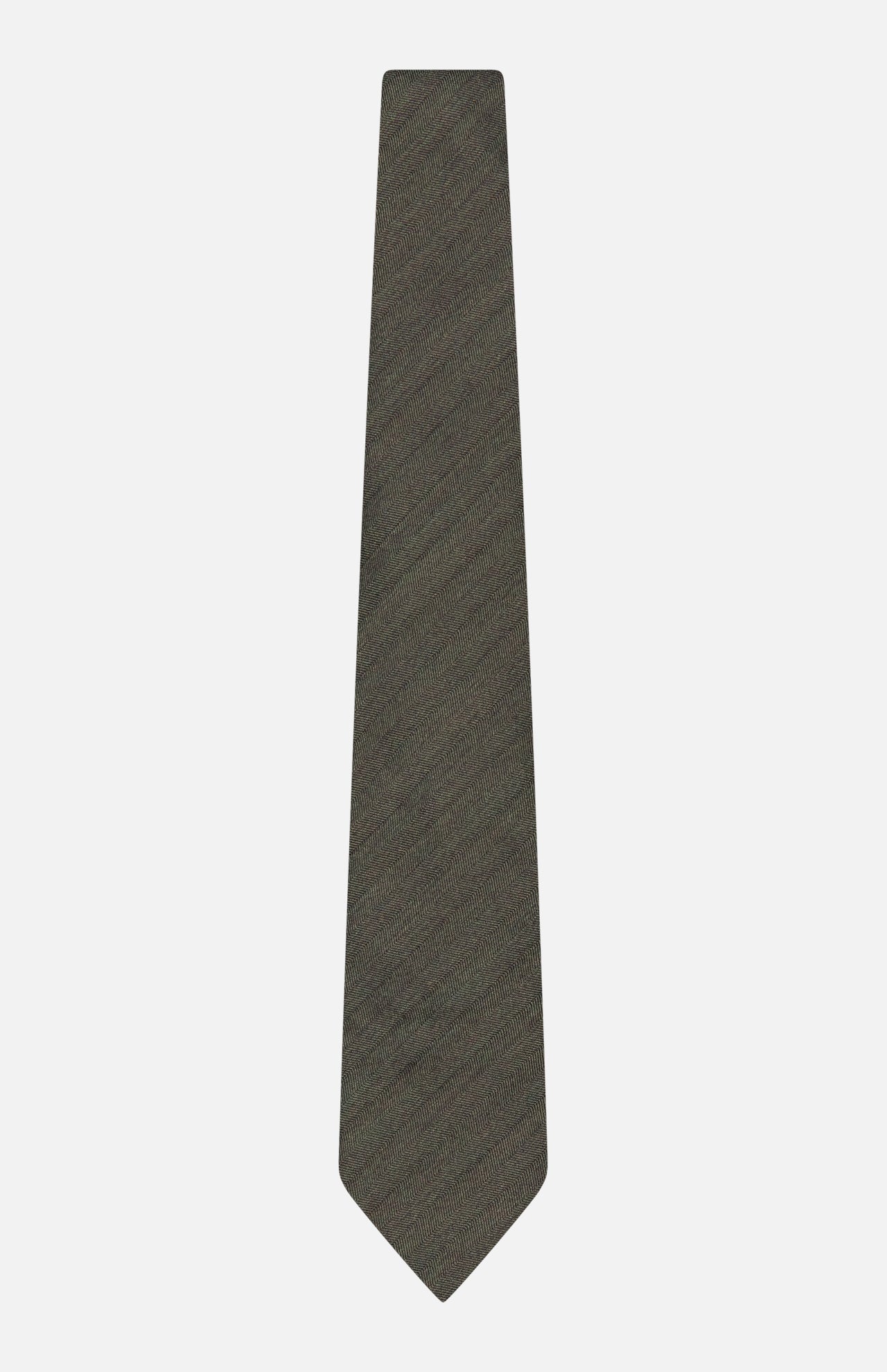 The ZEGNA Wool and Silk Tie, crafted in Italy, features a plain dark gray color with a subtle diagonal texture and is showcased against a light gray background.