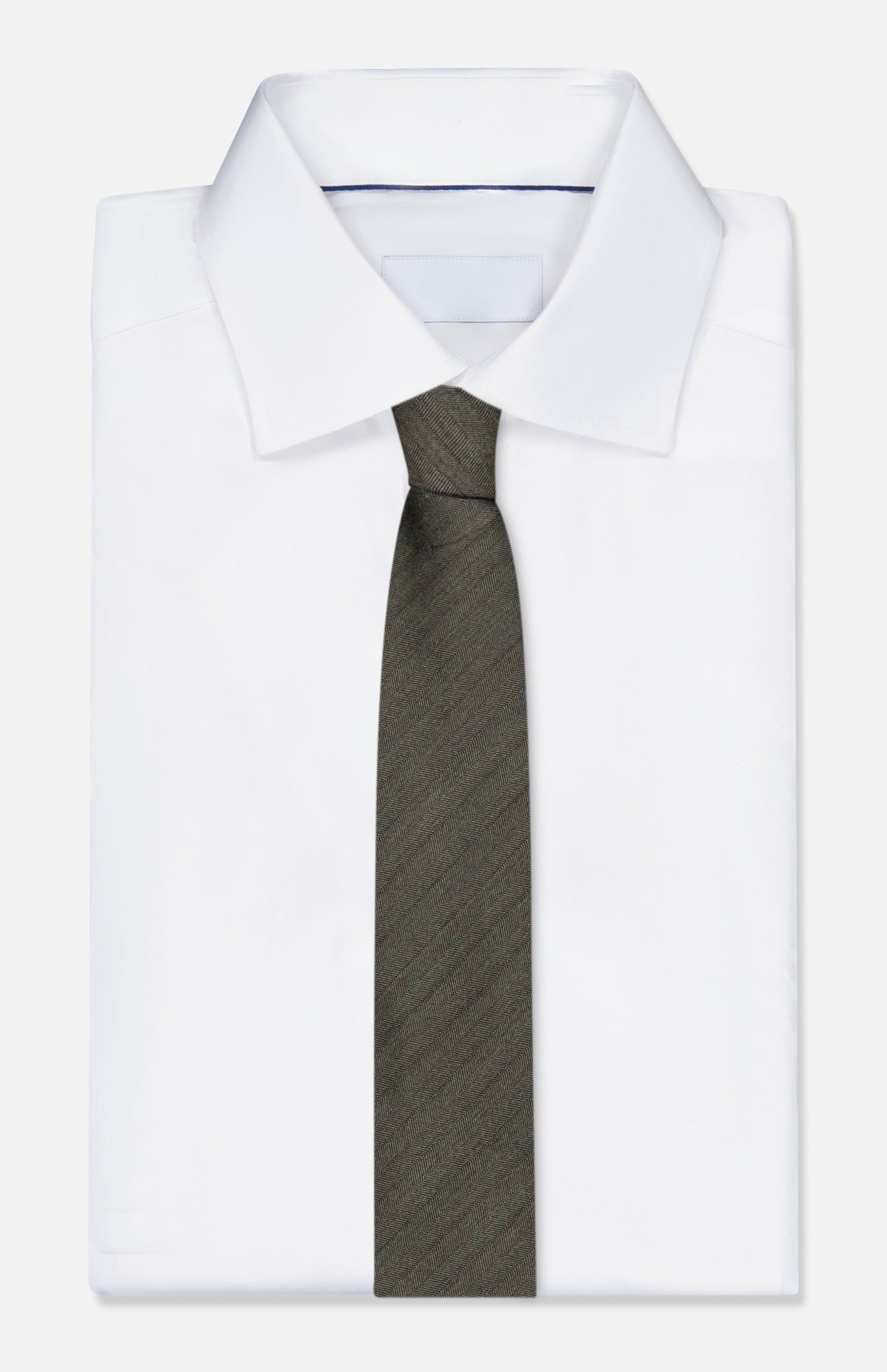 A crisp white dress shirt with a spread collar is paired with the ZEGNA Wool and Silk Tie in dark gray, both elegantly displayed against a plain white background.