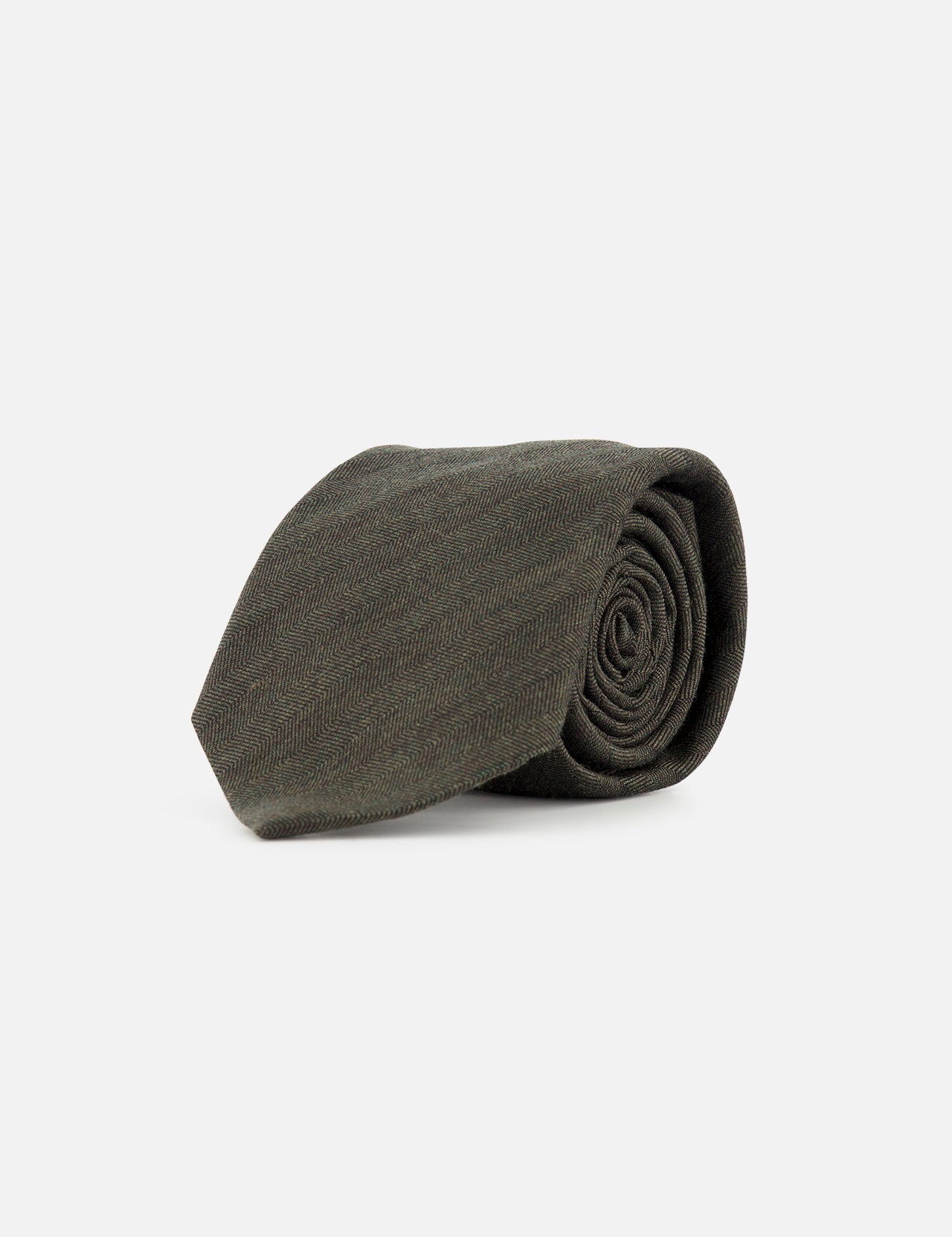 A ZEGNA Wool and Silk Tie in olive green, featuring a subtle diagonal striped pattern, is shown rolled up on a plain white background. Made in Italy.